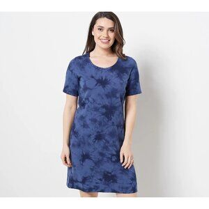 Denim & Co. French Terry Crystal Wash Tie-Dye T-Shirt Dress Navy Pet L A471745